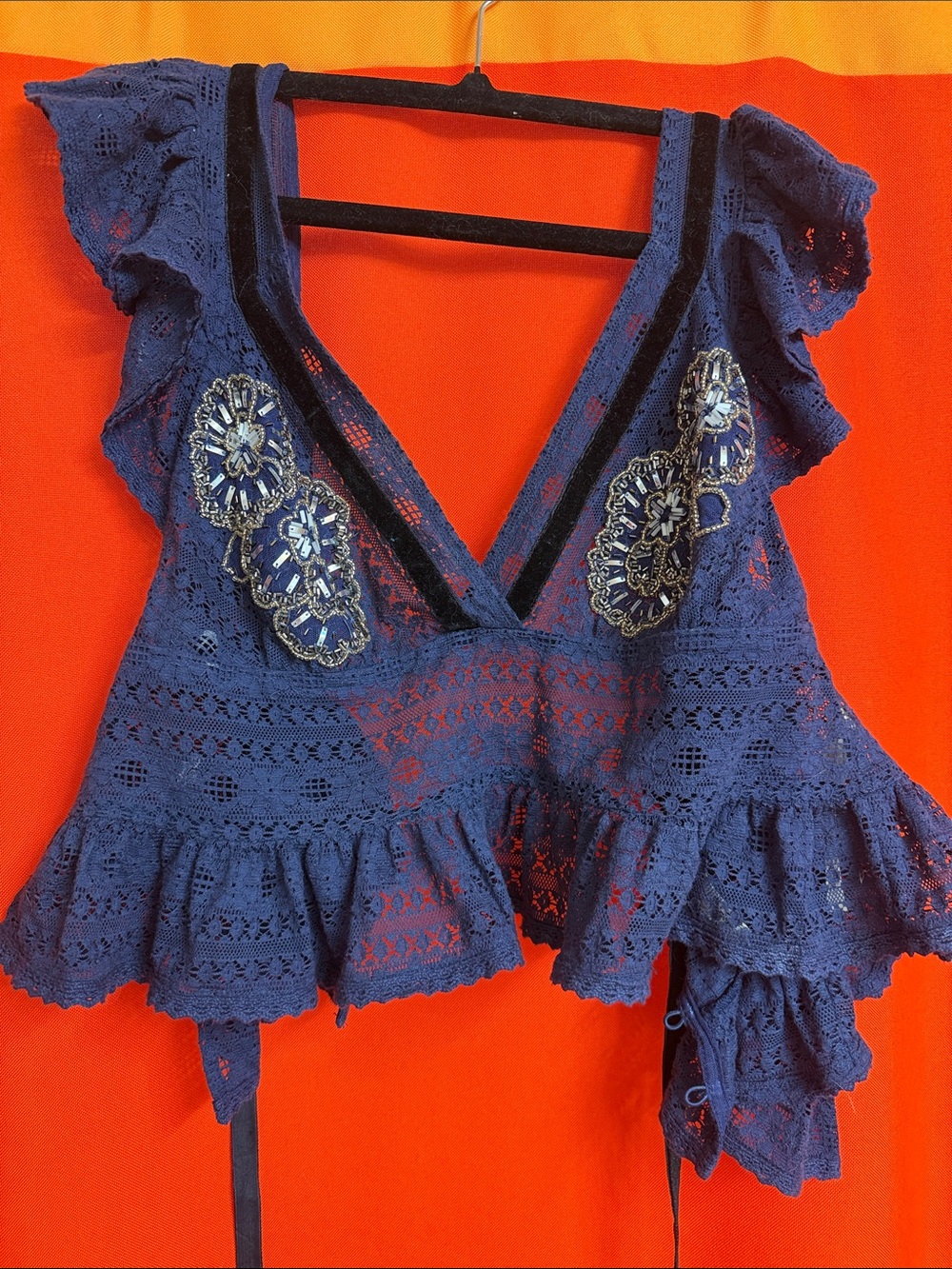 Free People Navy Crochet Lace V-Neck Embellished Camisole